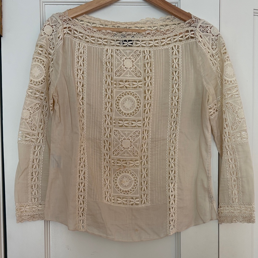 Ralph Lauren Cream Crochet-Trim Peasant Blouse